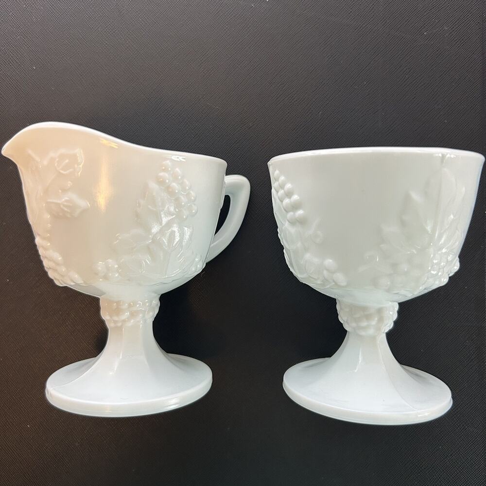 Vintage Indiana Glass Colony Harvest Grape Milk Glass Creamer and Open Sugar Set